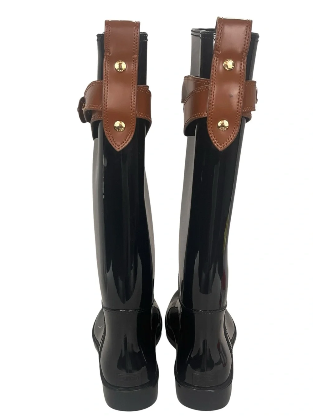 Coach Talia Knee High Rain Boots Size 10 Glossy Black Tall Town Country Preppy